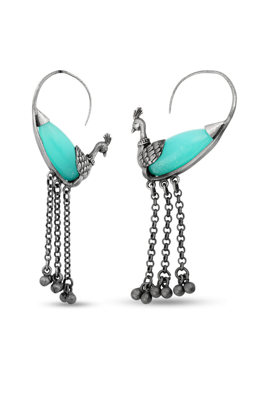 Turquoise Stones, Silver Earrings with Peacock Motifs image 2