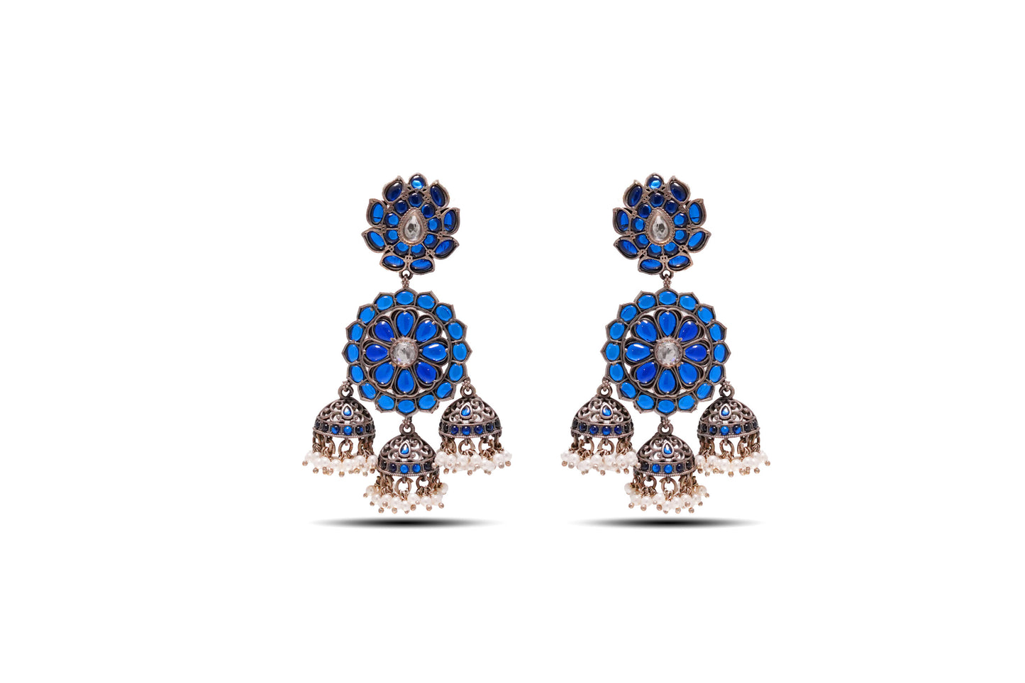 925 Silver Blue Stone and pearl Oxidized Jhumka image 0