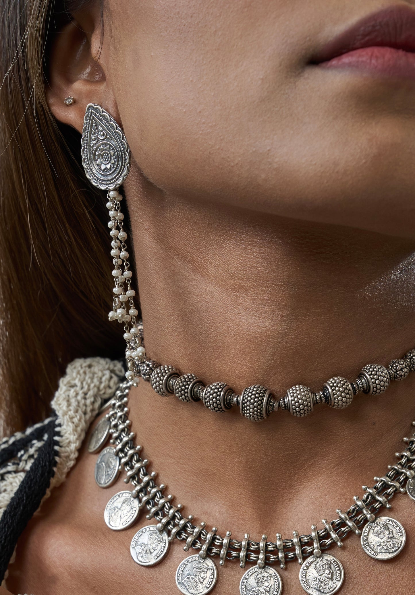 925 Silver Teardrop & Pearl Chain Dangler Earrings
