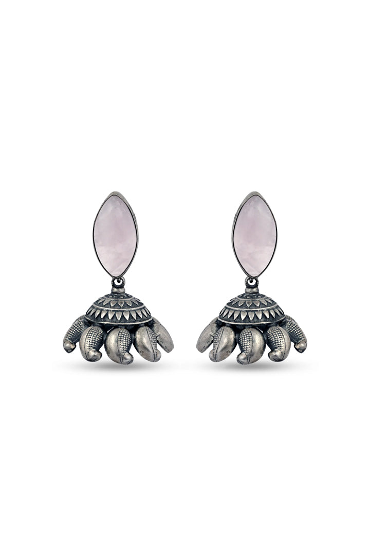 Elegant Pink Stones Silver Jhumkas