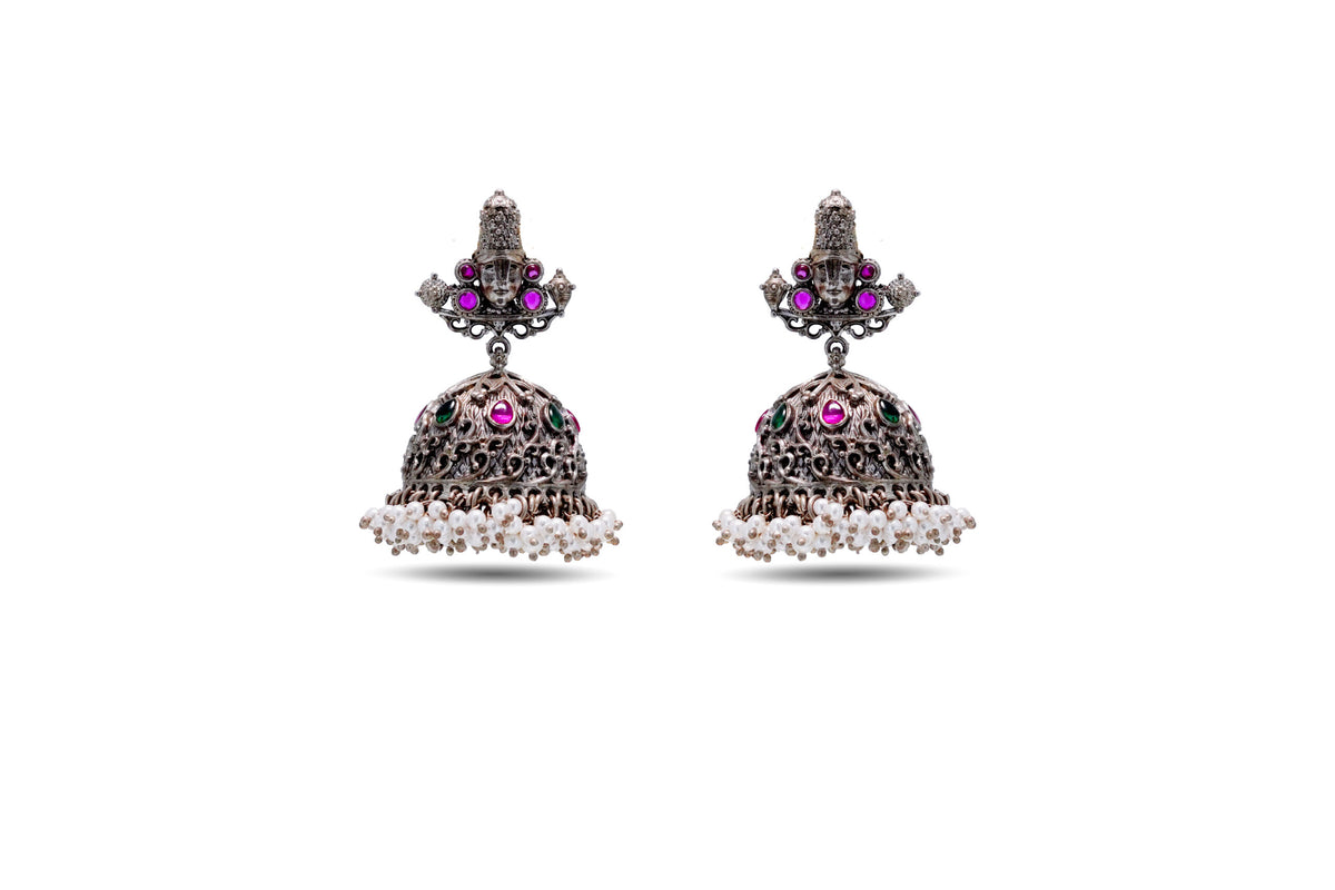 92.5 Silver Temple Earrings with Ruby and Emerald Stones image 0