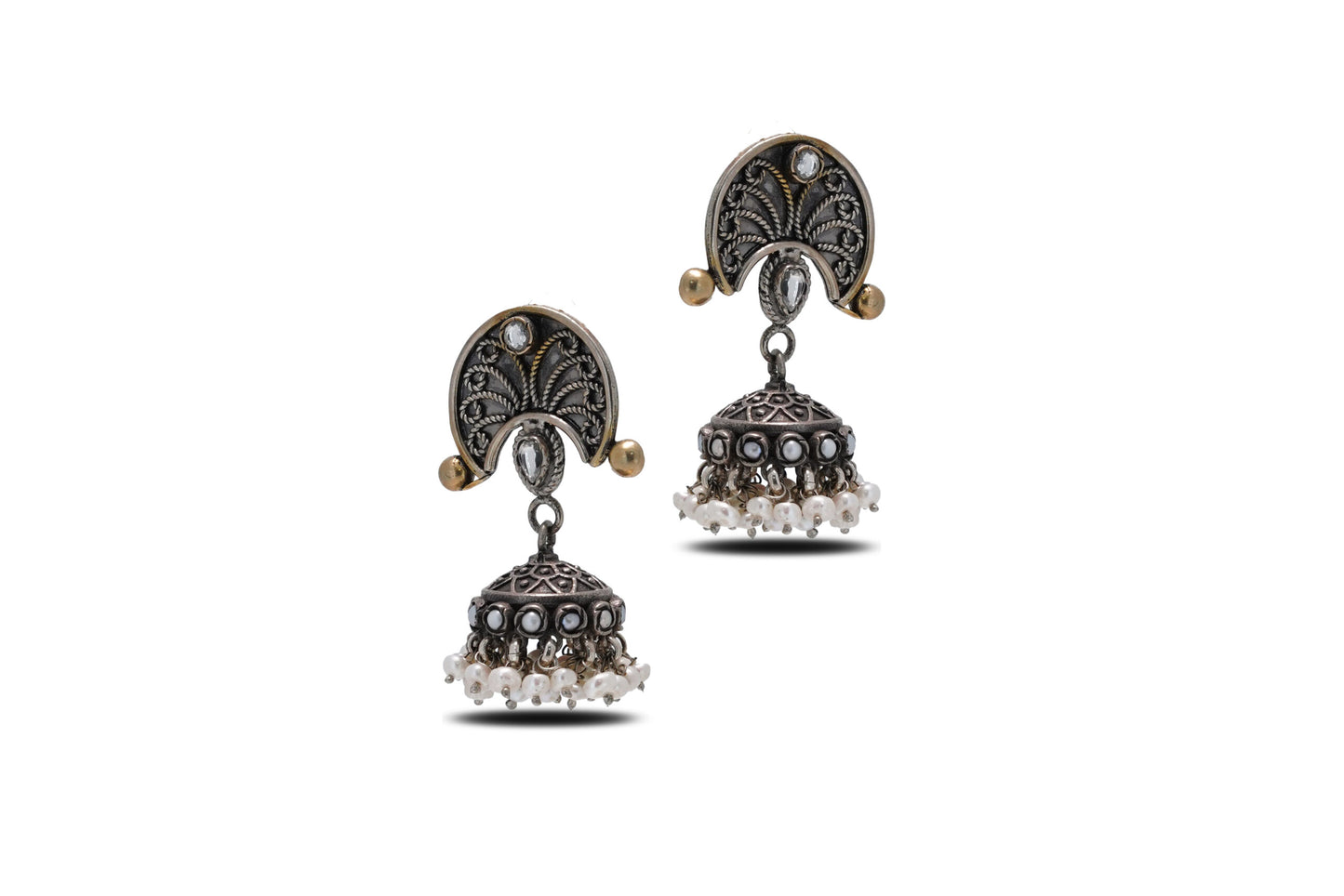 92.5 Silver Oxidised Look Earrings With Pearl image 2
