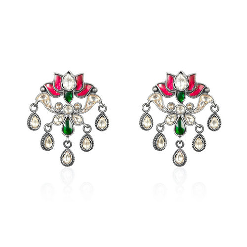 Silver Handcrafted AD Studs with Colorful Beads Earrings