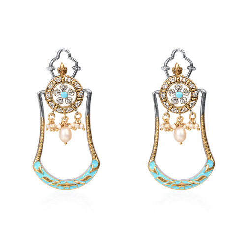 Traditional Indian Style Gemstone & Pearl Drop Earrings with Meenakari Work