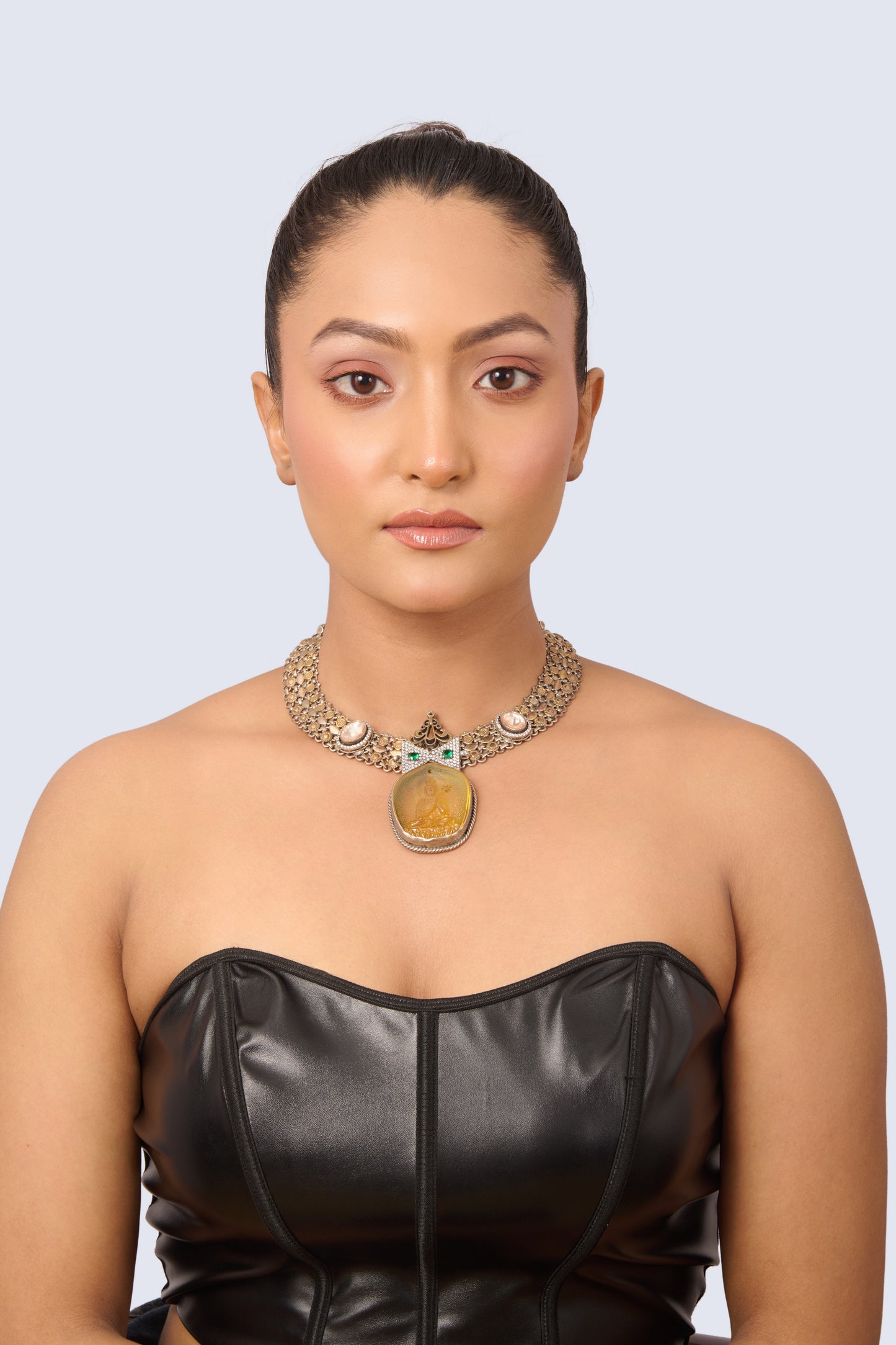 Amaris Carved Yellow Gem Choker with White Gemstone Collar and Green Stone Details
