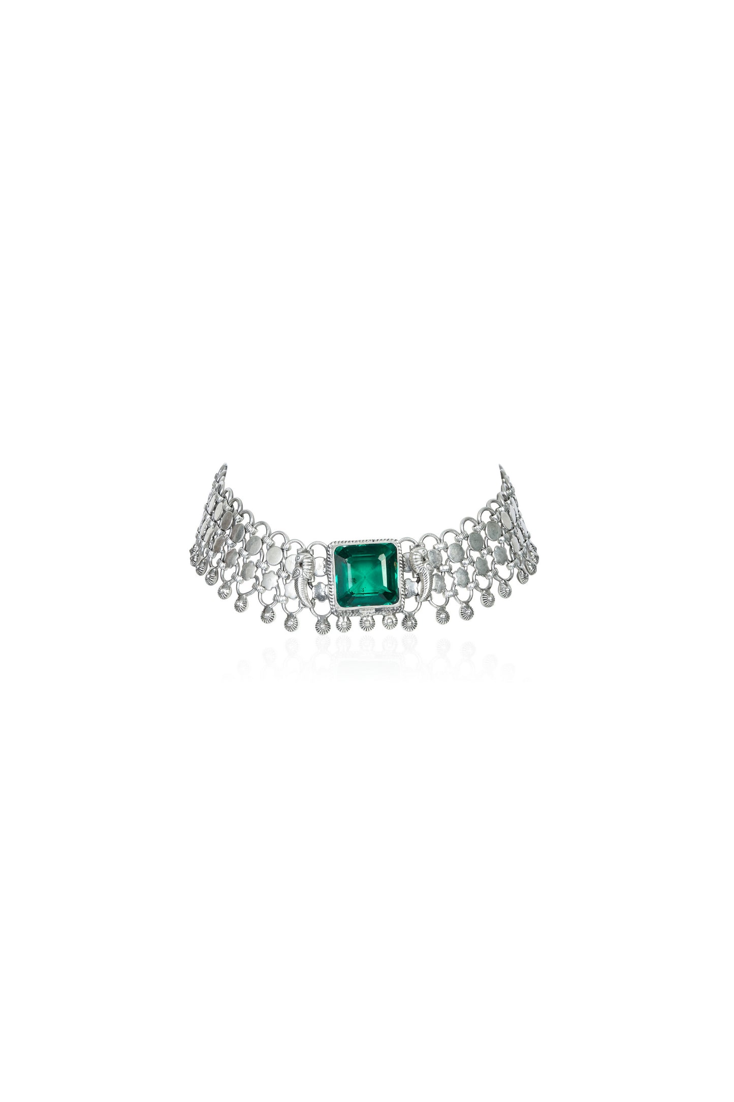 Elegant Silver Choker with Square Emerald Center