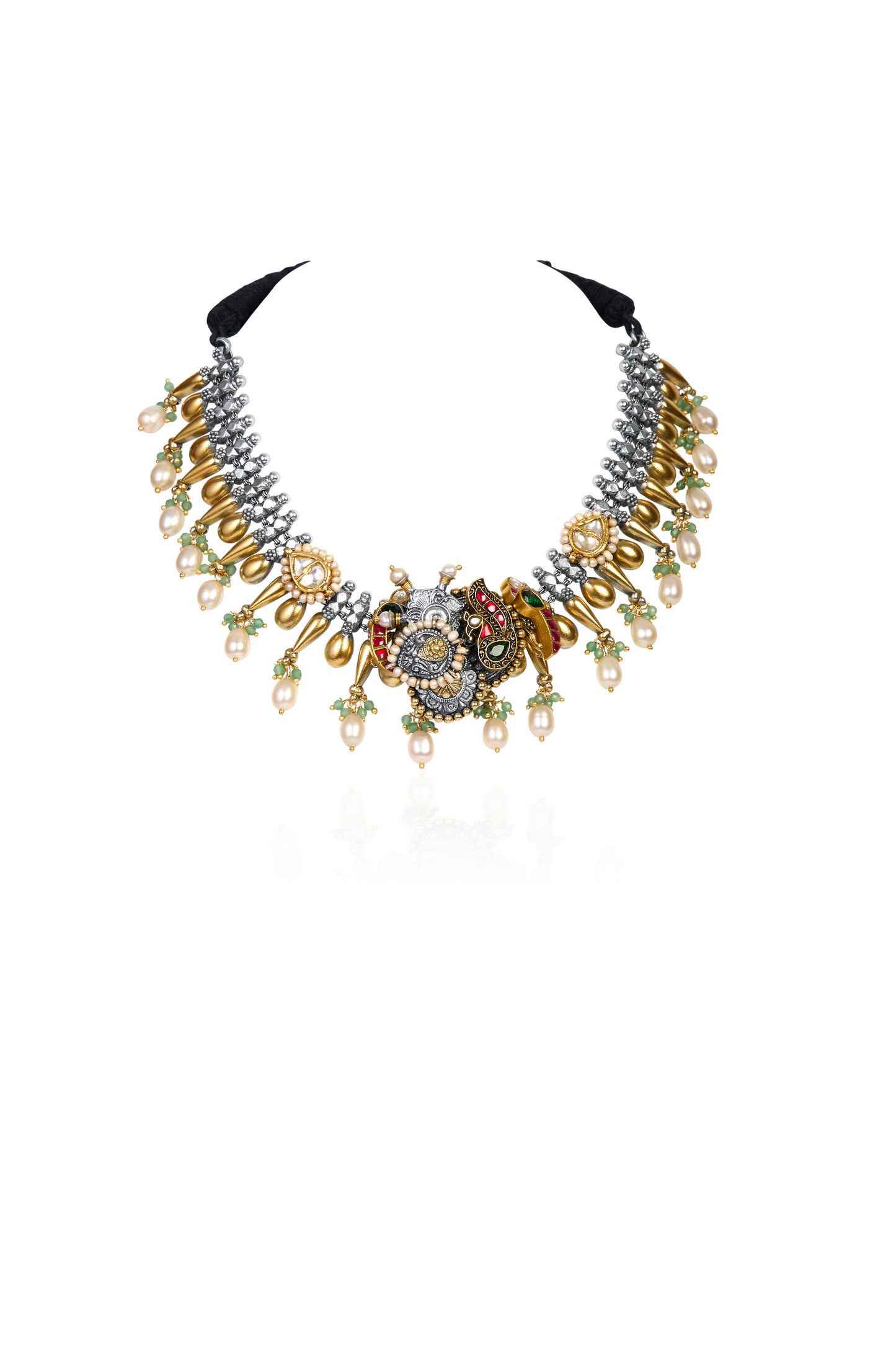Silver and Gold Choker with Enamel Figures, Peacocks, Pearls, and Green Gems