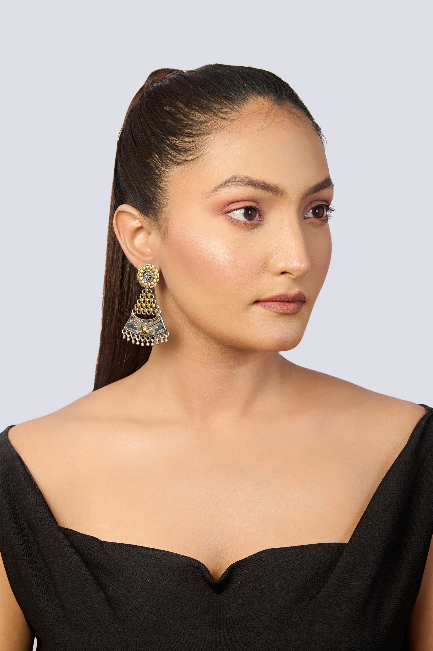Dual-Tone Oxidized Silver and Gold Geometric Ethnic Dangle Earrings