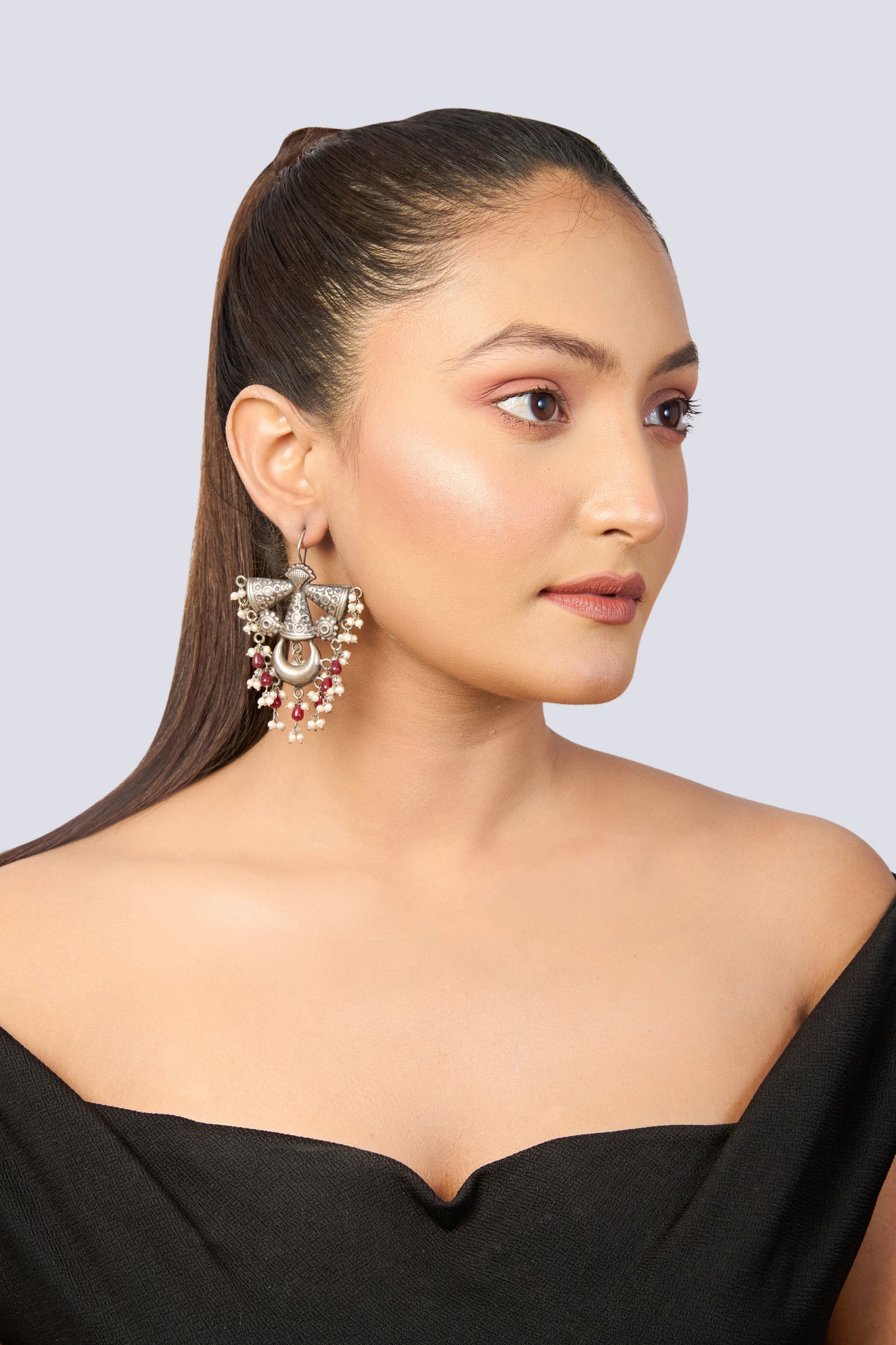 Oxidized Silver Tribal Dangle Earrings with Red Beads & Pearl Drops