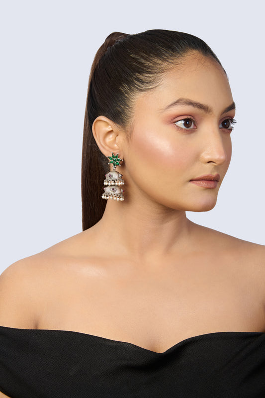 Jaipuri Antique Oxidized Silver Double Jhumka Earrings with Green and Maroon Gems & Pearls