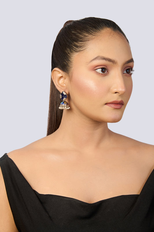 Oxidized Silver & Blue Enamel Jhumka Earrings with Pearl Drops