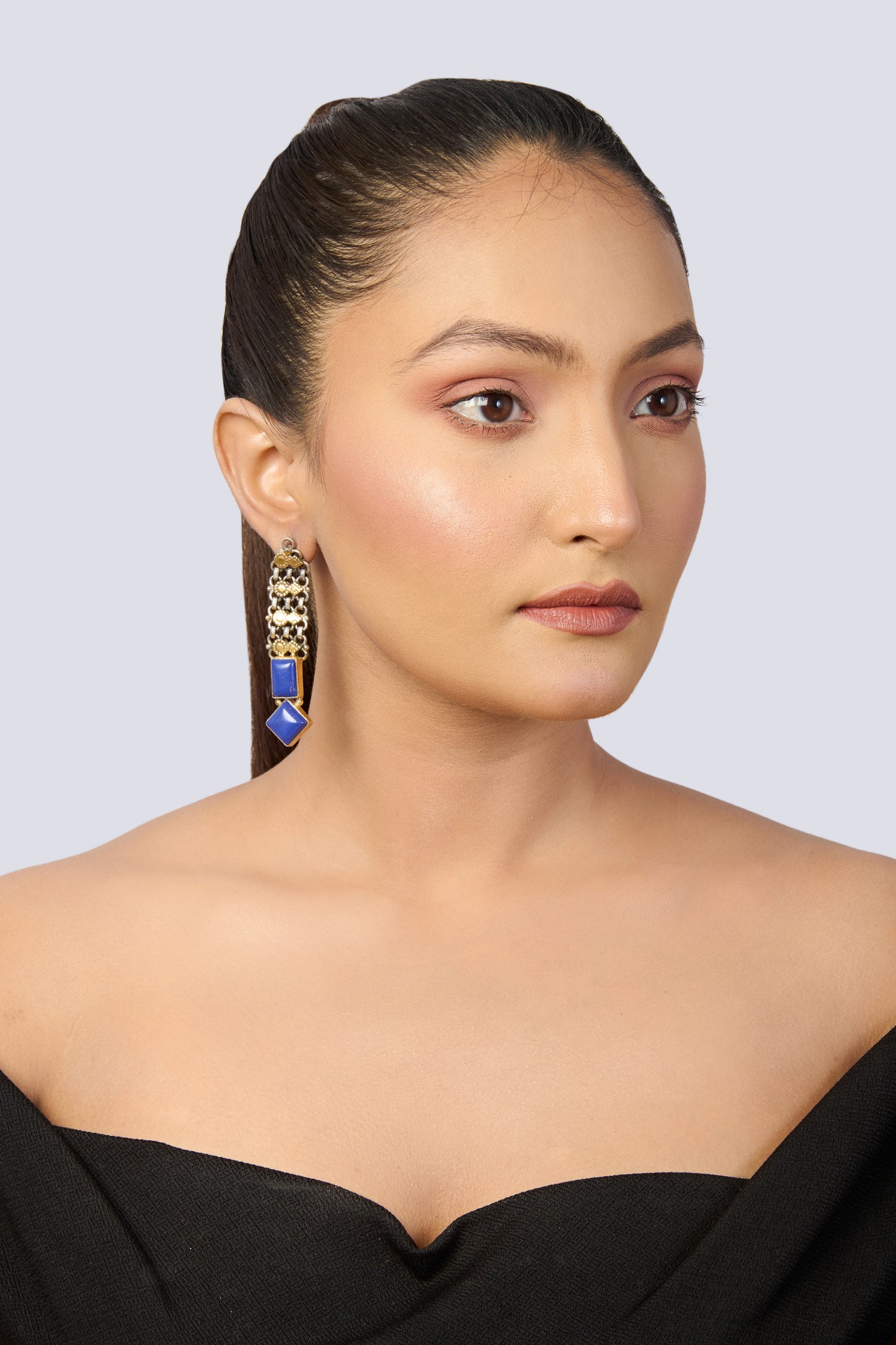 Dual-Tone Oxidized Silver & Gold Link Dangle Earrings with Blue Stones