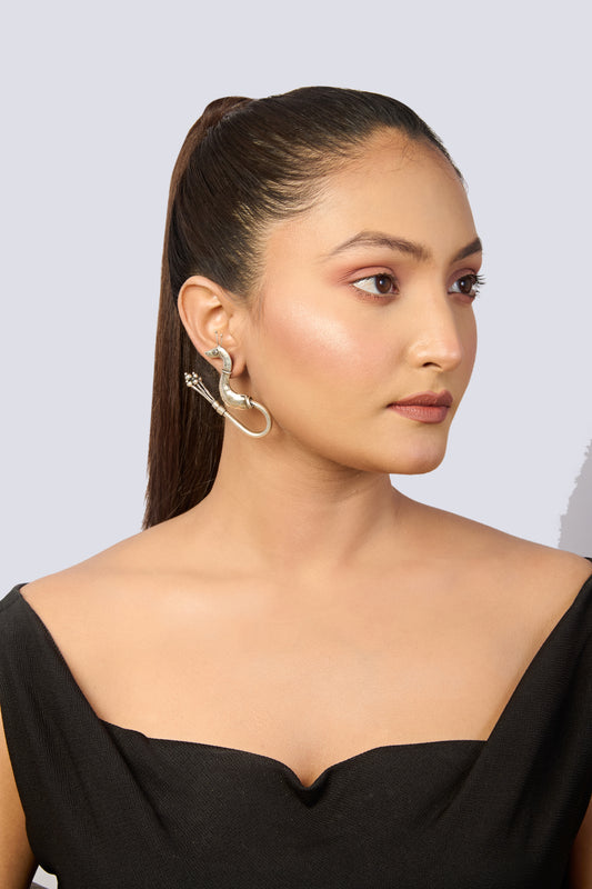 Oxidized Silver Stylized Peacock Stud Earrings