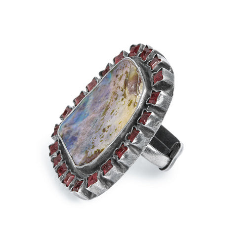 Women's Ornate Oxidized Silver Cocktail Ring with Iridescent mother of pearl and Ruby Accents