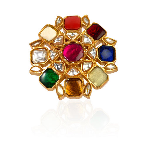 Gold-Toned Adjustable Navratna Ring with Traditional Gemstone Setting