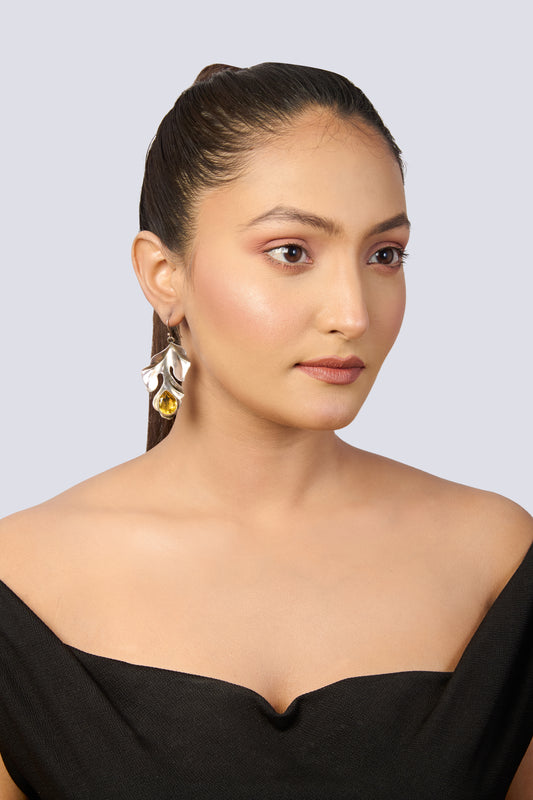 Oxidized Silver Leaf Drop Earrings with Amber Stone