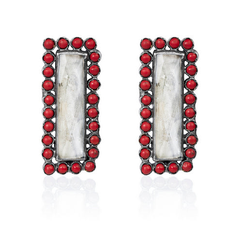 Geometric Oxidized Silver Earrings with Red Embellishments