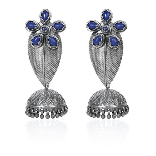 Traditional Indian Oxidized Silver Jhumka Earrings with Lapis Lazuli Accents and Dangling Silver