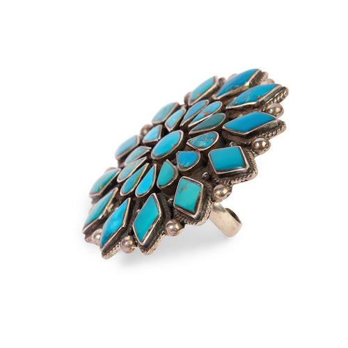 Oxidized Silver Adjustable Ring with Cluster Turquoise Floral Design