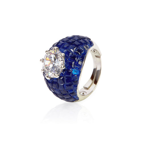 Silver-Toned Adjustable Ring with Large White CZ and Pave Blue Sapphires