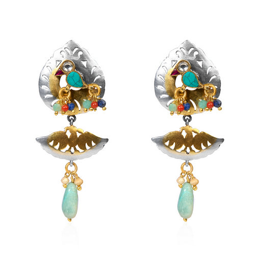 Ethnic Leaf & Peacock Design Earrings with Gemstone & Bead Drops