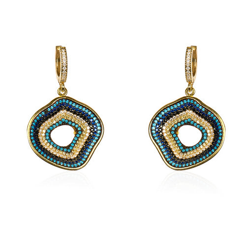 Gold-Toned Hoop Earrings with Abstract Blue, White, and Black Evil Eye Dangles