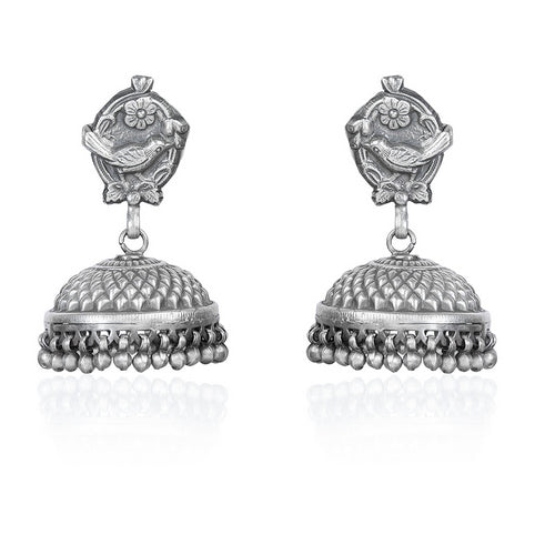 Oxidized Silver Bird & Floral Jhumka Earrings