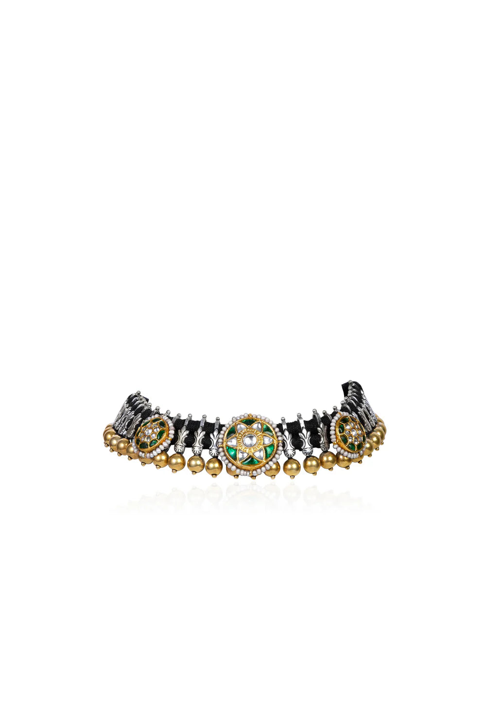 Intricate Necklace with Emerald Center CZ Details and Gold Bead Dangles