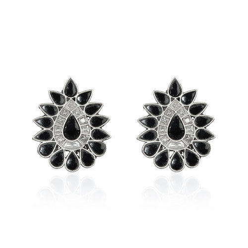 Oxidized Silver Black & White Stone Floral Stud Earrings