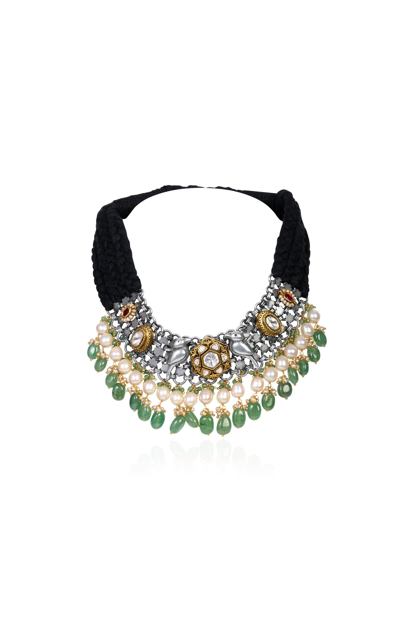 Black Woven Choker with Elephant Motifs, Emeralds, Pearls, and Gold Accents