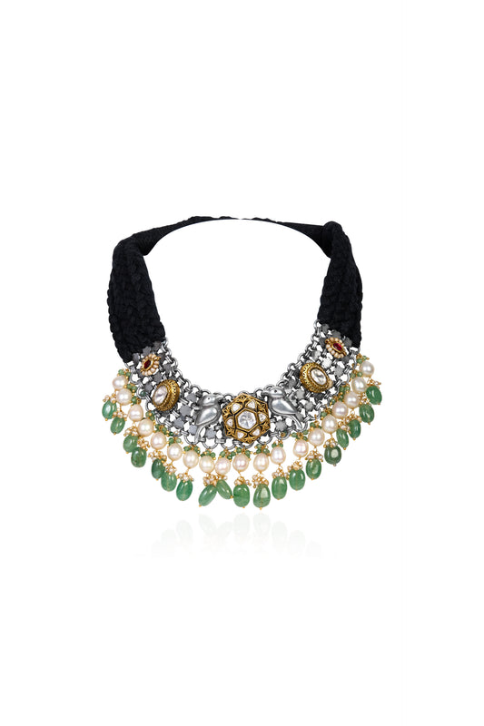 Black Woven Choker with Elephant Motifs, Emeralds, Pearls, and Gold Accents