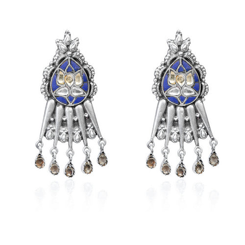 Oxidized Silver Dangle Earrings with Blue Enamel, Champagne Gems, and Smoky Quartz Drops