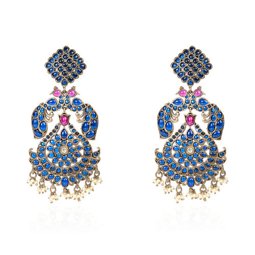 Traditional Indian Oxidized Silver Earrings with Floral Blue Enamel, Pink Gem Highlights, and Pearl Tassels