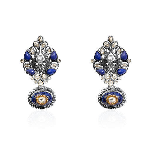 Oxidized Silver Dangle Earrings with Blue Enamel, Polki Diamonds, and Champagne Gem Drop