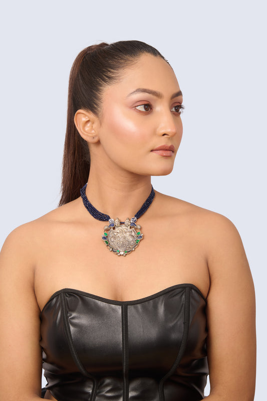 Silver Tone Pendant Necklace with Sapphire, Emerald, and White Gem Accents