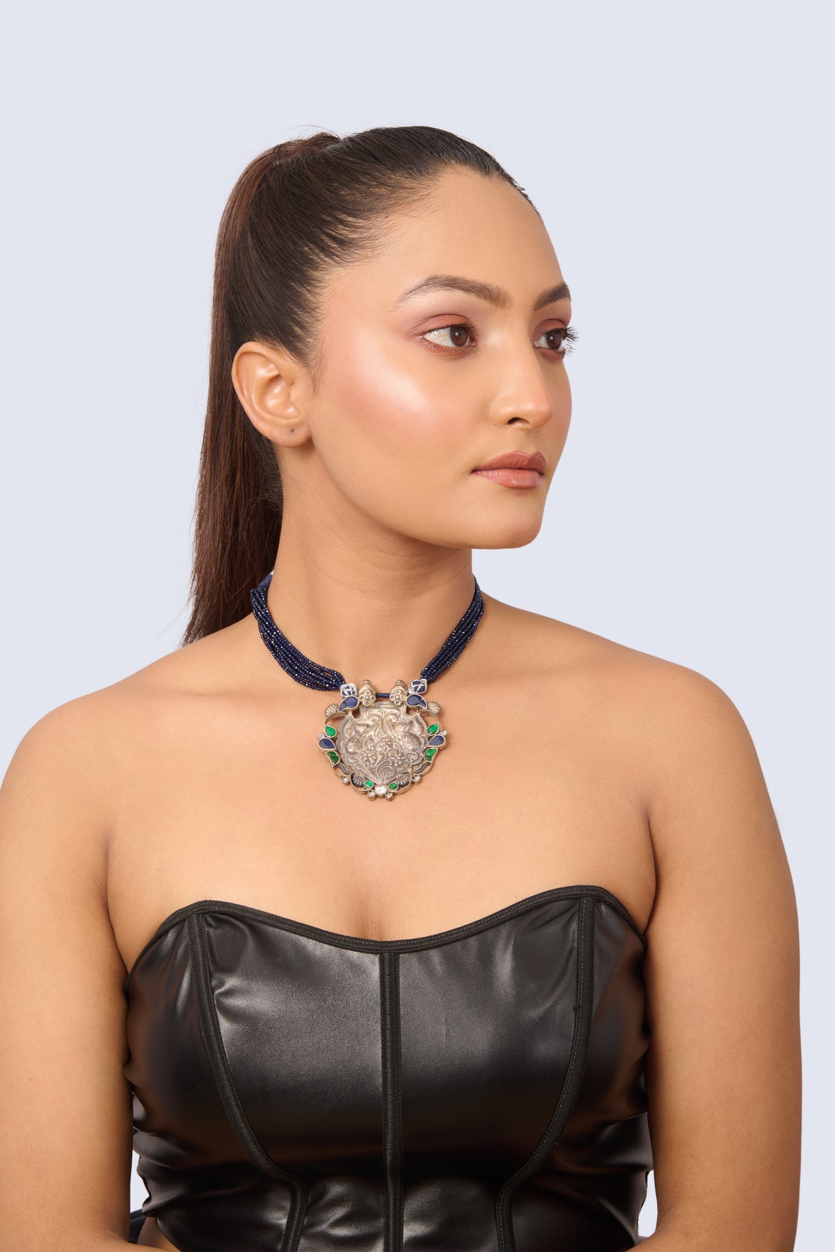 Silver Tone Pendant Necklace with Sapphire Emerald and White Gem Accents