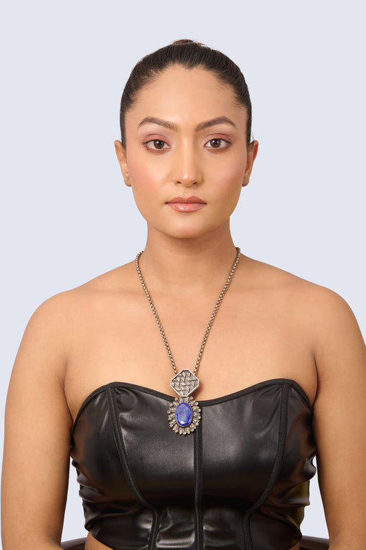 Silver Tone Necklace with Oval Lapis Lazuli Pendant and Geometric Detail