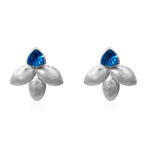 Brushed Silver Stud Earrings with Triangular Blue Gem and Leaf Petals