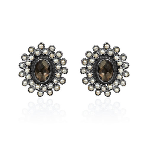 Oxidized Silver & Brown Stone Stud Earrings with Pearl Halo