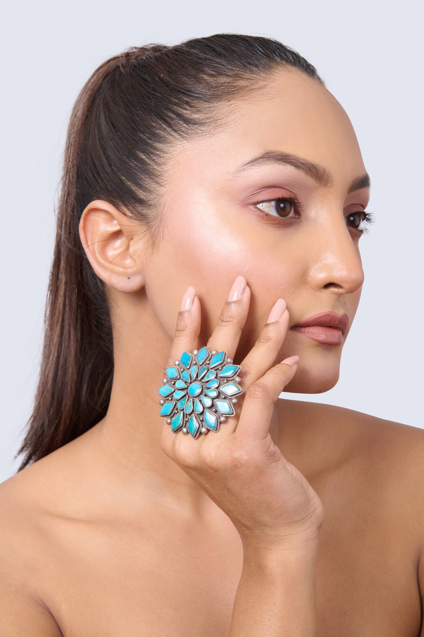 Oxidized Silver Adjustable Ring with Cluster Turquoise Floral Design