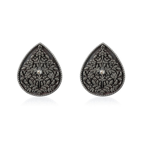 Oxidized Silver Teardrop Stud Earrings with Floral Etching