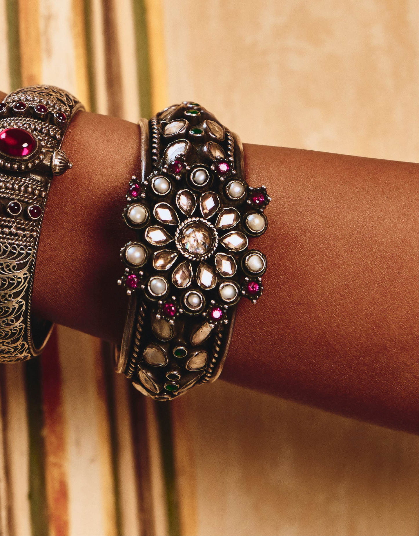 Antique Multi-Gemstone & Pearl Studded Statement Cuff