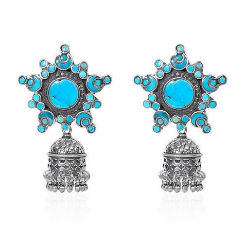 Oxidized Silver Star Jhumkas with Turquoise Stones