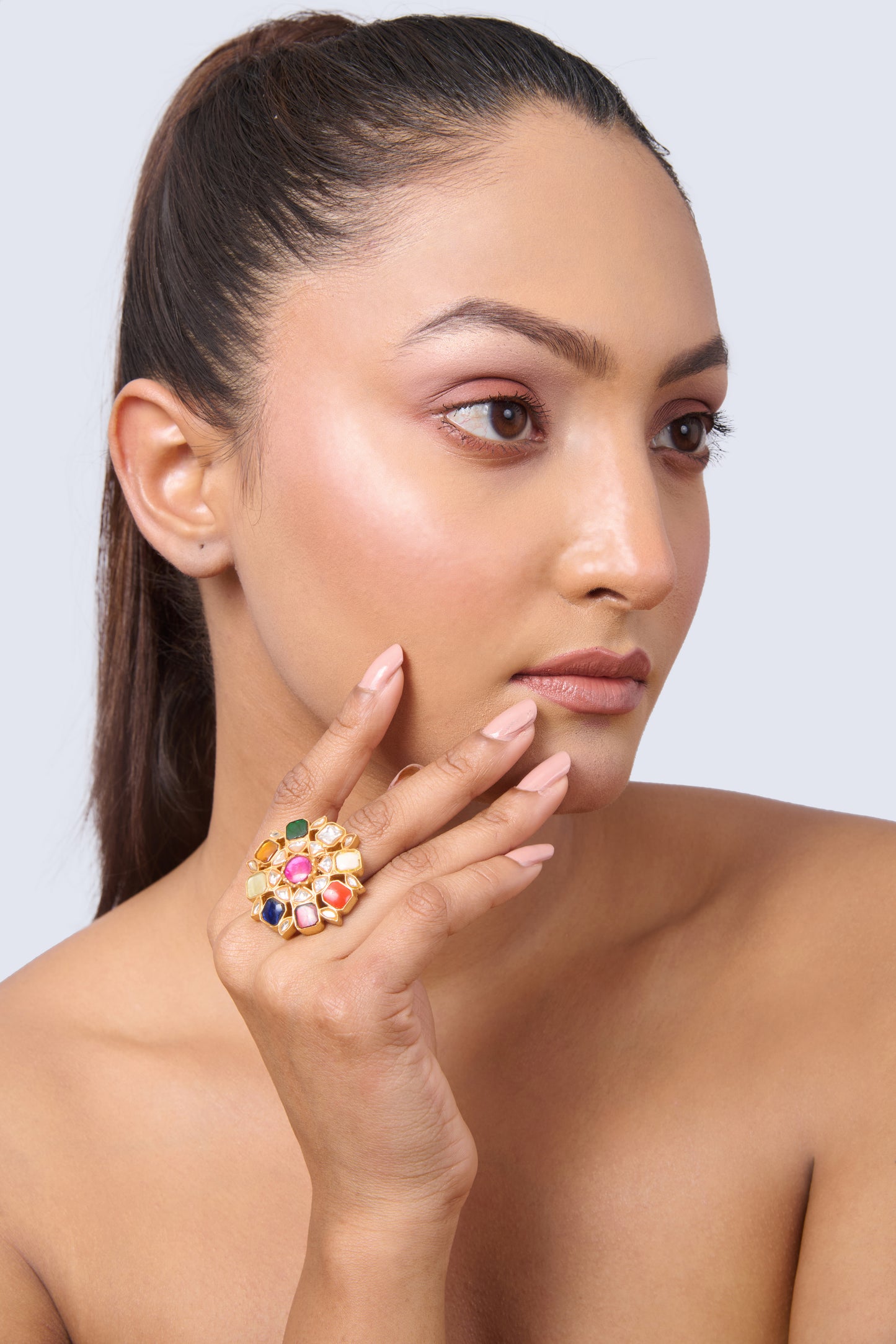 Gold-Toned Adjustable Navratna Ring with Traditional Gemstone Setting
