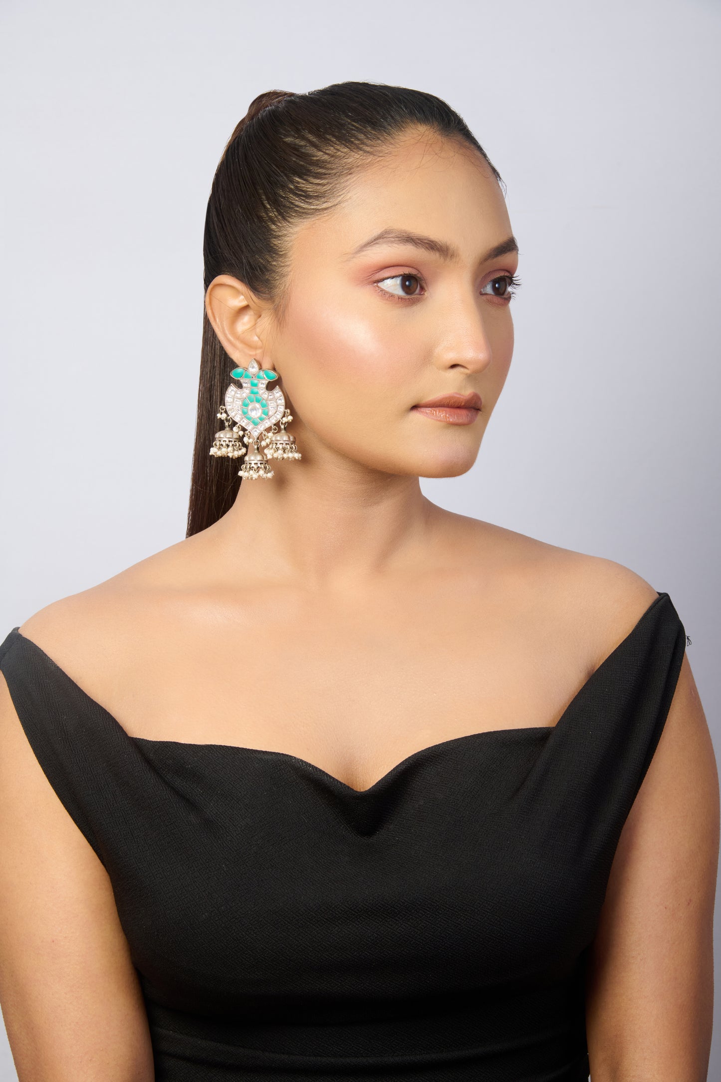 Traditional Oxidized Silver Kundan Jhumki Earrings with Turquoise Stone Top and Pearl Dangles