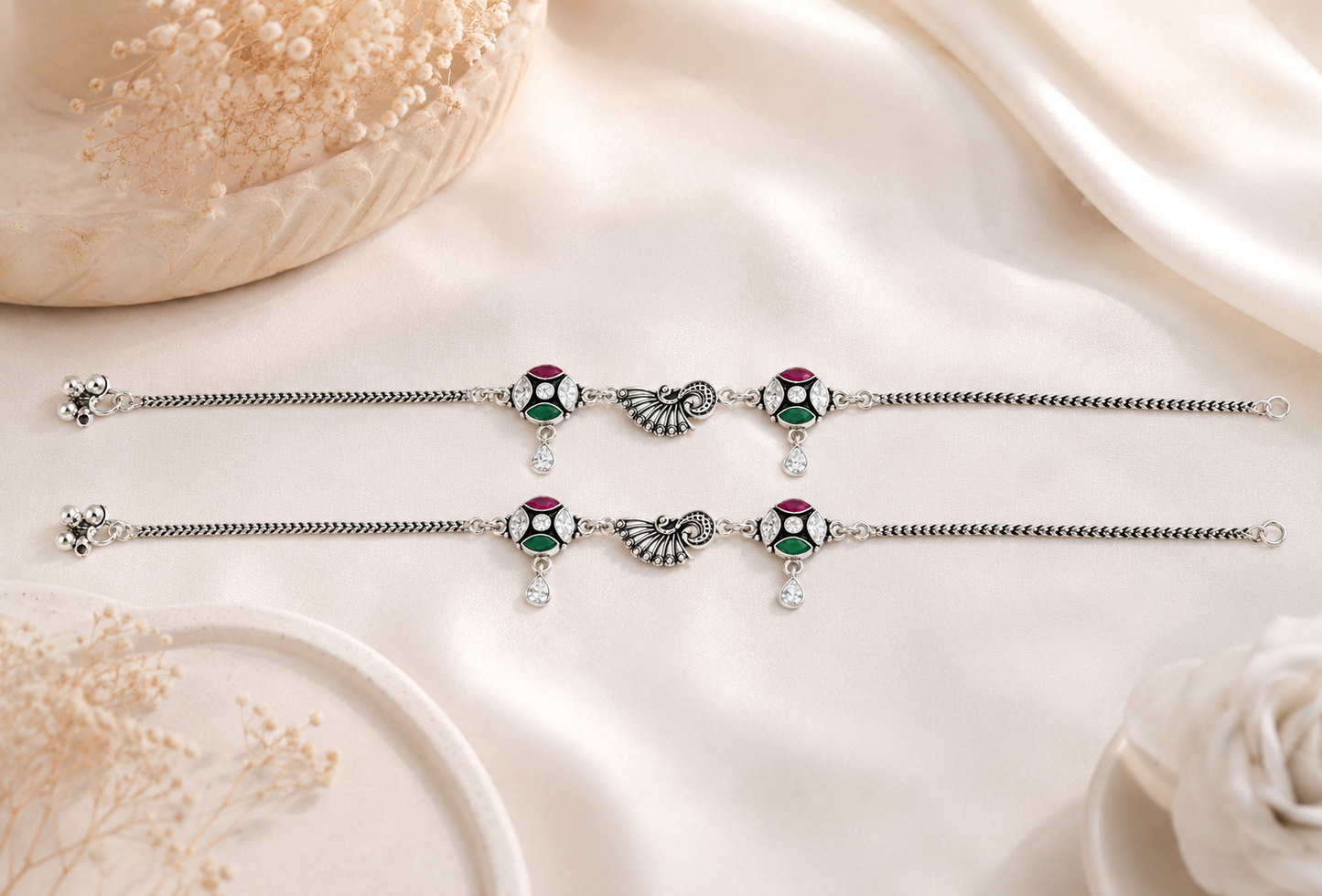 925 Silver Peacock & Enamel CZ Drop Anklets (Pair)
