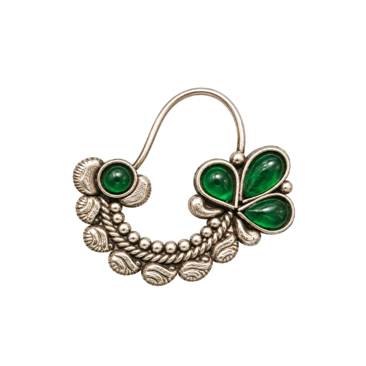 925 Silver Emerald-Green Floral & Granulated Clip-On Nose Pin (Nath)