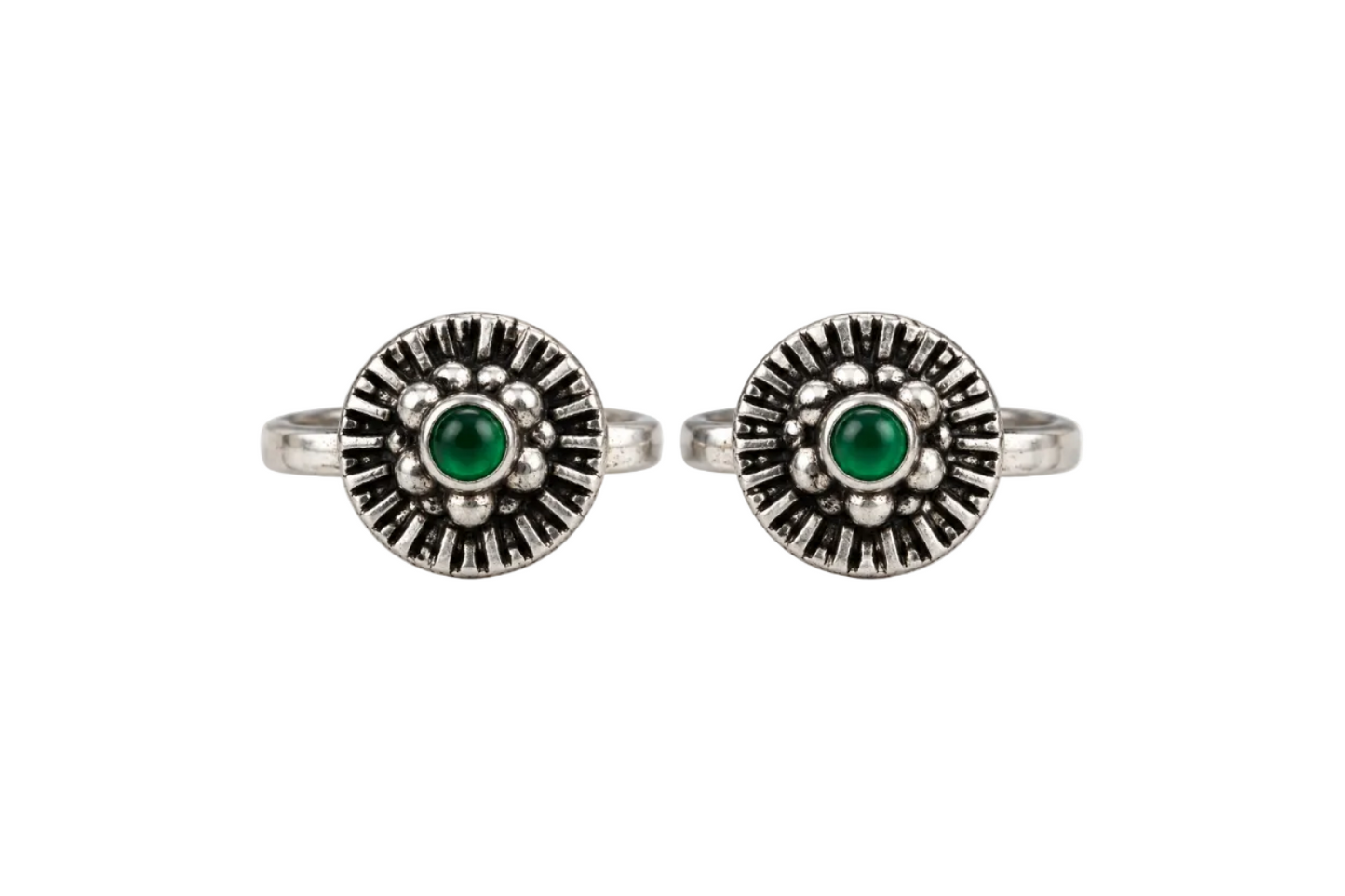 925 Silver Emerald-Green Cabochon Sunburst Granulated Toe Rings (Pair)