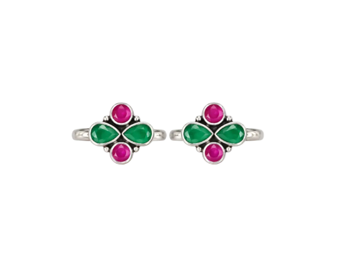 925 Silver Emerald-Green & Ruby-Red Dual Cluster Toe Rings (Pair)