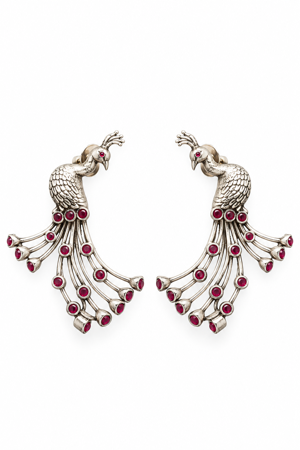 925 Silver Ruby-Red Peacock Motif Statement Ear Cuffs